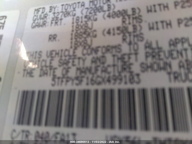 2016 Toyota Tundra, VIN: 5TFPY5F16GX499103