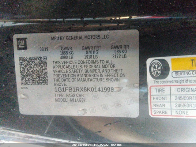 2019 Chevrolet Camaro, VIN: 1G1FB1RX6K0141998
