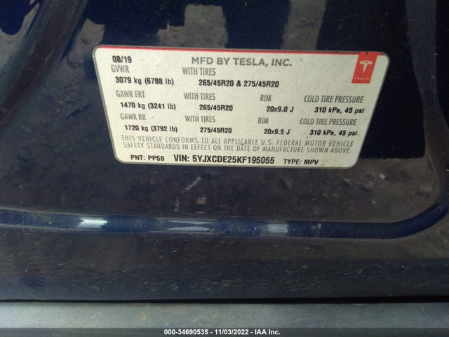 2019 Tesla Model X, VIN: 5YJXCDE25KF195055