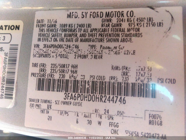 Ford FUSION SE 2017 3FA6P0HD0HR244746 Image 9