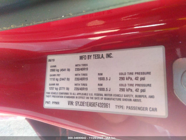 2019 Tesla 3, VIN: 5YJ3E1EA5KF432061