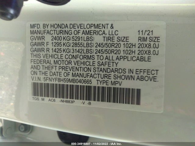 2021 Honda Passport, VIN: 5FNYF8H59MB040665