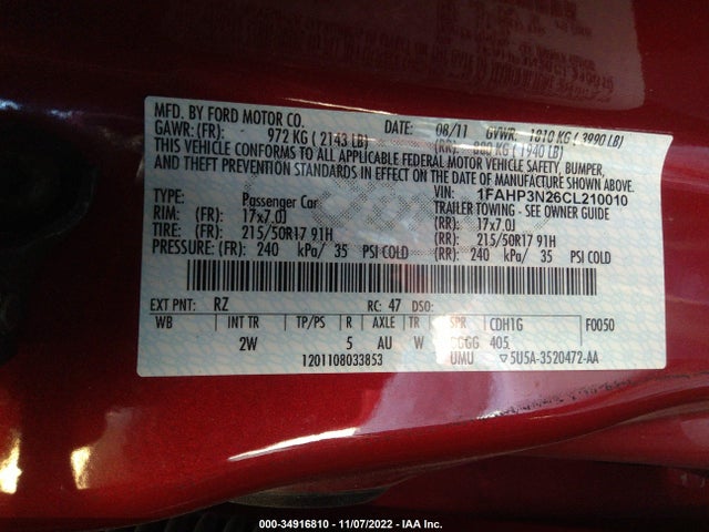 2012 FORD FOCUS TITANIUM VIN: 1FAHP3N26CL210010