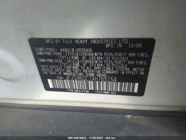 2010 SUBARU FORESTER 2.5X LIMITED VIN: JF2SH6DC7AH765154