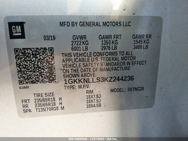 2019 GMC Acadia, VIN: 1GKKNLLS3KZ244236