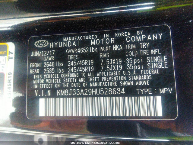 2017 HYUNDAI TUCSON NIGHT VIN: KM8J33A29HU528634