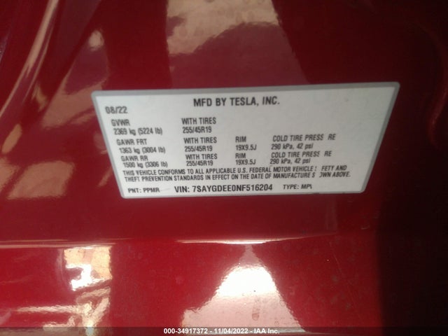 Tesla Model Y Long Range 2022 7SAYGDEE0NF516204 Image 9
