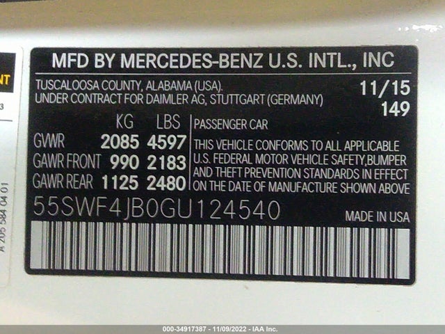 2016 Mercedes-Benz C-Class, VIN: 55SWF4JB0GU124540