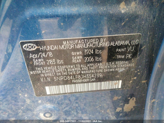 2018 HYUNDAI ELANTRA SEL VIN: 5NPD84LF8JH354239