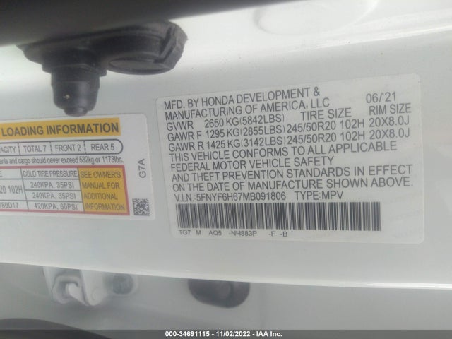 2021 Honda Pilot, VIN: 5FNYF6H67MB091806
