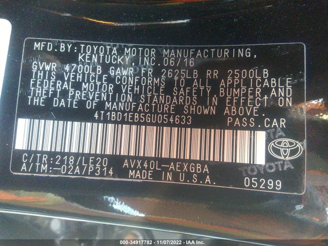 2016 Toyota Avalon, VIN: 4T1BD1EB5GU054633