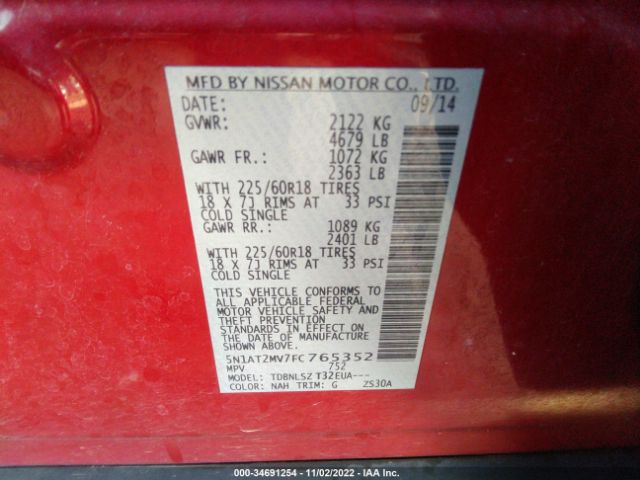5N1AT2MV7FC765352 Nissan Rogue Sl