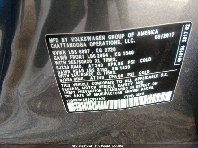 1V2NR2CA5JC531270 Volkswagen Atlas 3.6l V6 Sel Premium