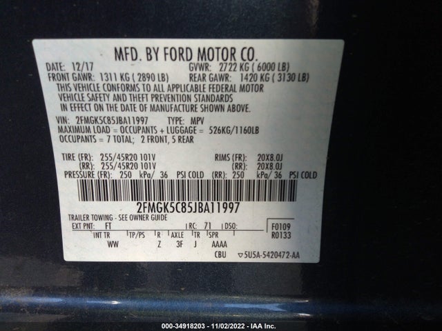 2018 Ford Flex, VIN: 2FMGK5C85JBA11997