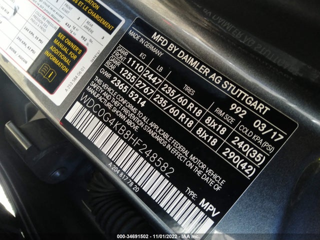 2017 Mercedes-Benz GLC-Class, VIN: WDC0G4KB8HF248582