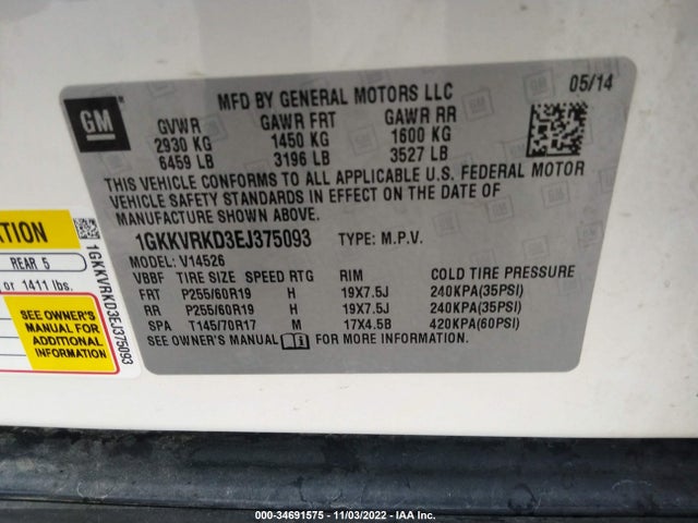 GMC ACADIA SLT 2014 1GKKVRKD3EJ375093 Image 9