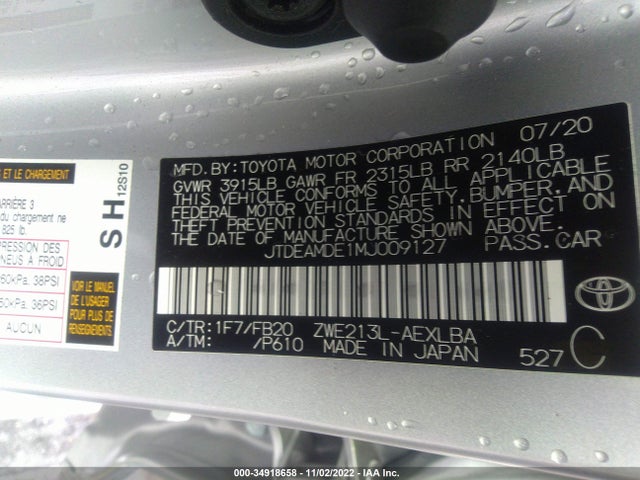 2021 TOYOTA COROLLA HYBRID LE VIN: JTDEAMDE1MJ009127