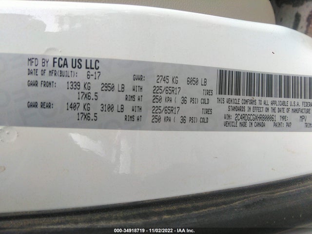 2017 DODGE GRAND CARAVAN SXT VIN: 2C4RDGCGXHR800061