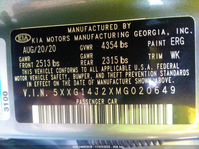 5XXG14J2XMG020649 KIA K5 LXS