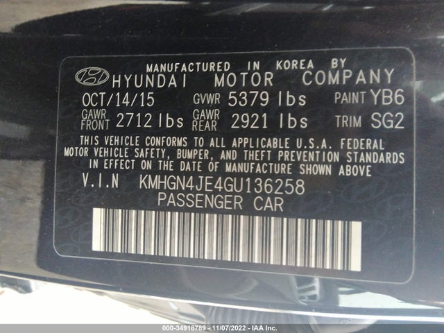 2016 Hyundai Genesis, VIN: KMHGN4JE4GU136258