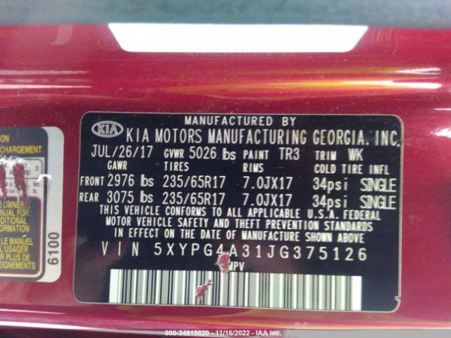 5XYPG4A31JG375126 KIA Sorento