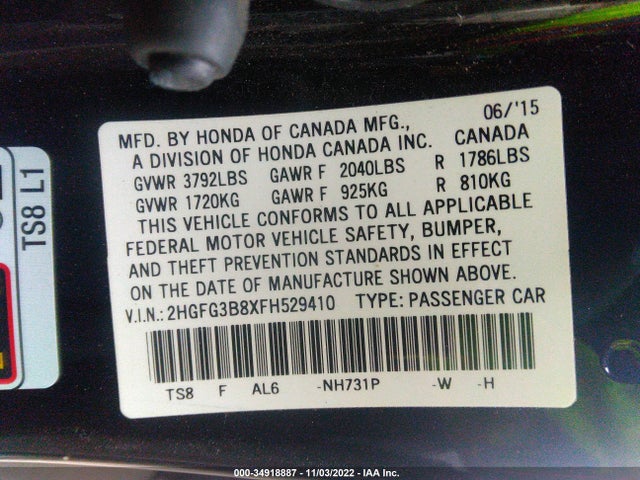 2015 Honda Civic, VIN: 2HGFG3B8XFH529410