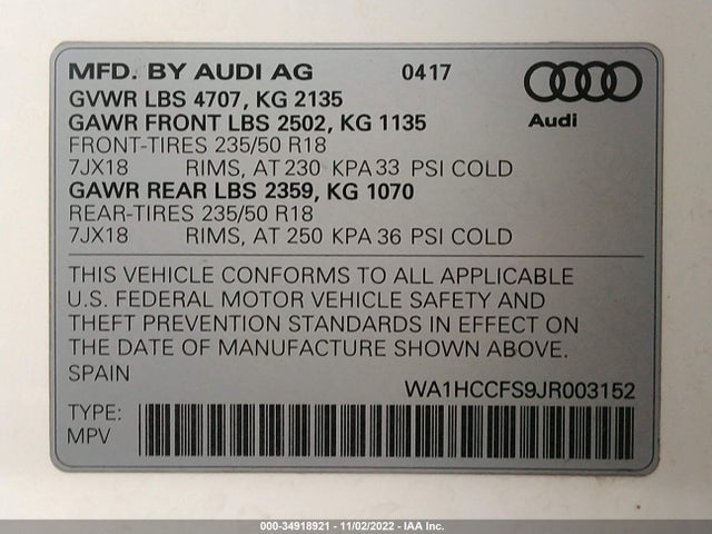 2018 Audi Q3, VIN: WA1HCCFS9JR003152