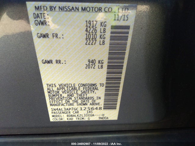 2016 Nissan Altima 2.5 Sv მანქანა იყიდება აუქციონზე, vin: 1N4AL3AP7GC125648, აუქციონის ნომერი: 34692987