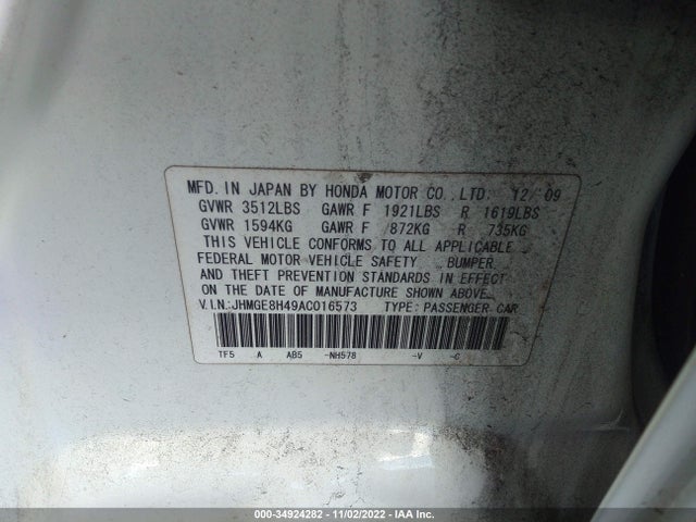 2010 HONDA FIT SPORT VIN: JHMGE8H49AC016573