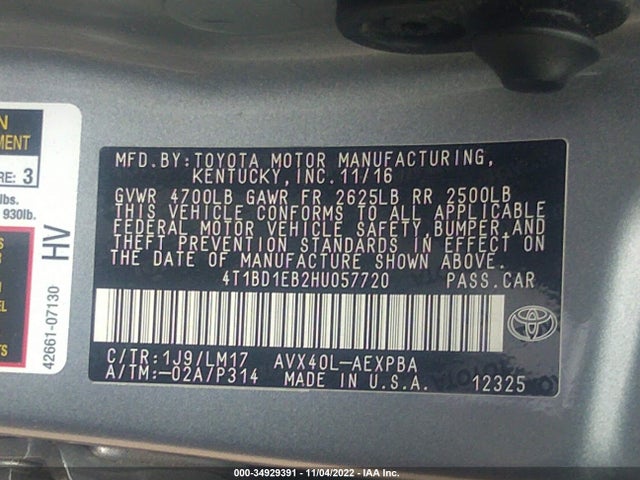 2017 Toyota Avalon, VIN: 4T1BD1EB2HU057720