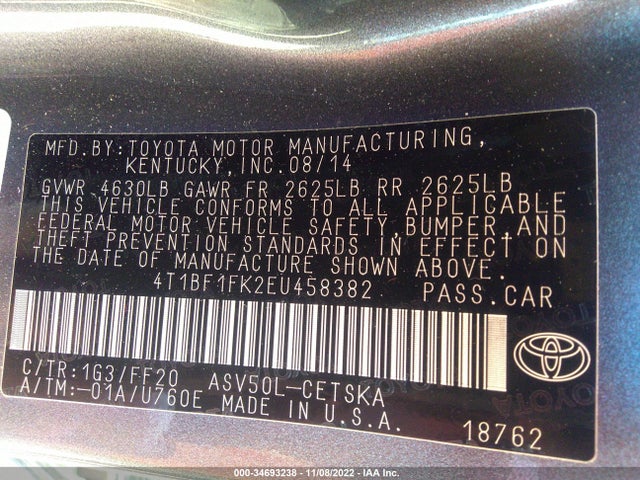 2014 TOYOTA CAMRY L/LE/XLE/SE/SE SPORT VIN: 4T1BF1FK2EU458382