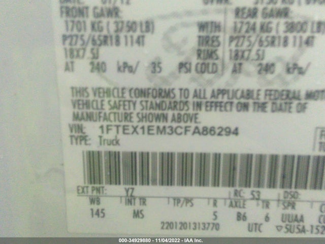 2012 FORD F-150 XL/STX/XLT VIN: 1FTEX1EM3CFA86294