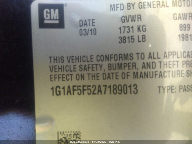 2010 CHEVROLET COBALT LT W/2LT VIN: 1G1AF5F52A7189013