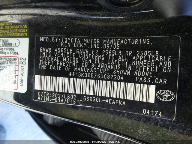 2006 TOYOTA AVALON LIMITED VIN: 4T1BK36B76U082304