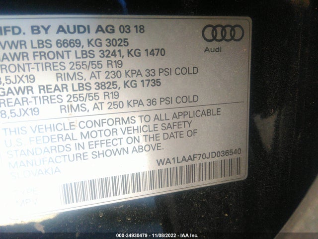 2018 Audi Q7, VIN: WA1LAAF70JD036540