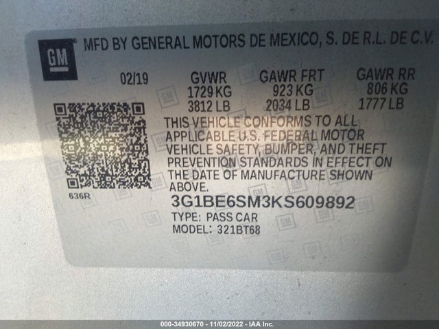 2019 Chevrolet Cruze, VIN: 3G1BE6SM3KS609892