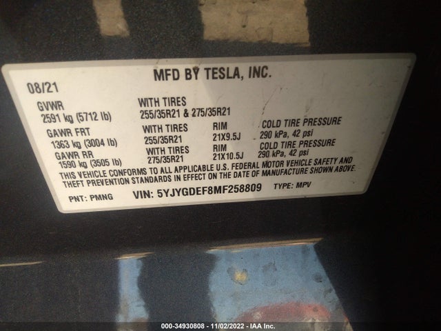 Tesla Model Y Performance 2021 5YJYGDEF8MF258809 Image 9