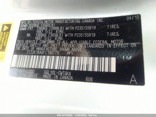 2T2ZK1BA6FC190779 Lexus RX 350