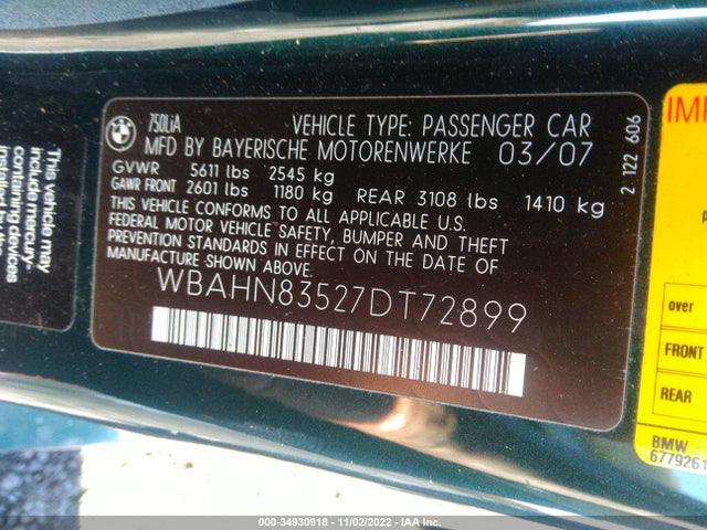 BMW 7 Series 2007 WBAHN83527DT72899 Image 9