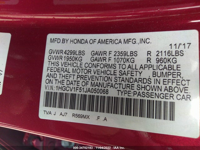 2018 Honda Accord, VIN: 1HGCV1F51JA050068