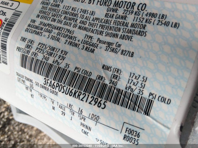 2019 Ford Fusion, VIN: 3FA6P0SU6KR212965