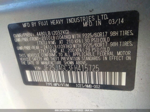 2015 Subaru Forester, VIN: JF2SJAGC3FH415725