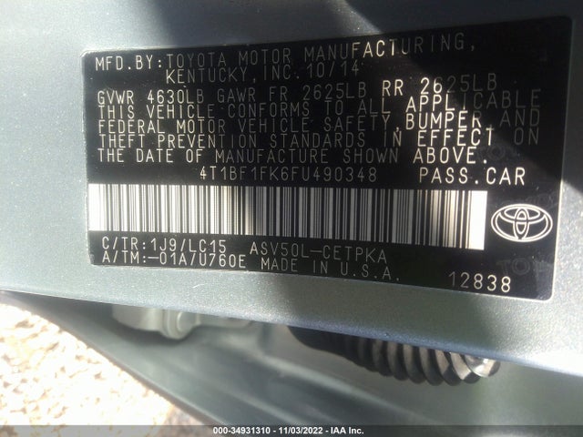 2015 TOYOTA CAMRY XLE/SE/LE/XSE VIN: 4T1BF1FK6FU490348