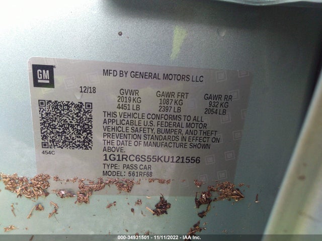 2019 Chevrolet Volt, VIN: 1G1RC6S55KU121556