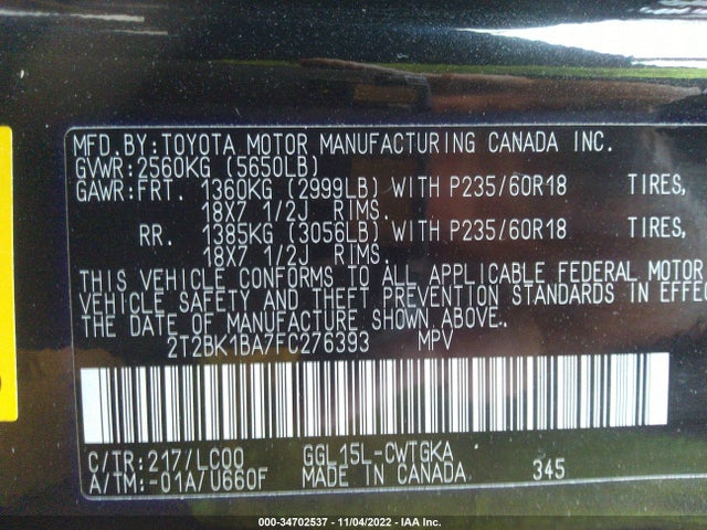 2015 Lexus RX, VIN: 2T2BK1BA7FC276393