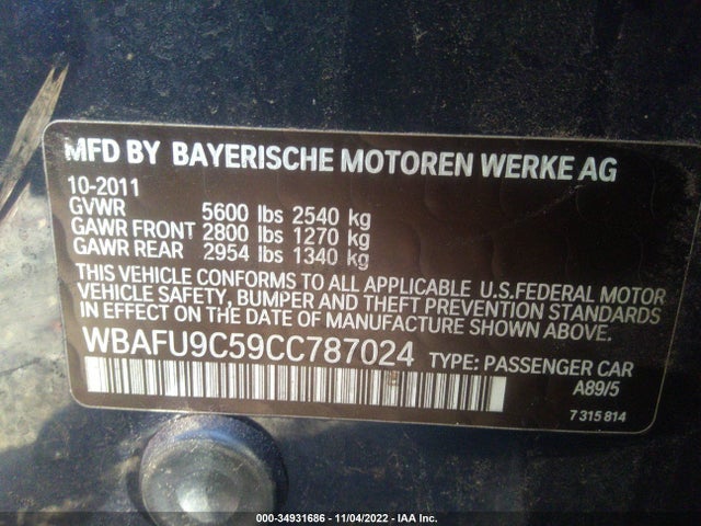 2012 BMW 5 SERIES 550I XDRIVE VIN: WBAFU9C59CC787024