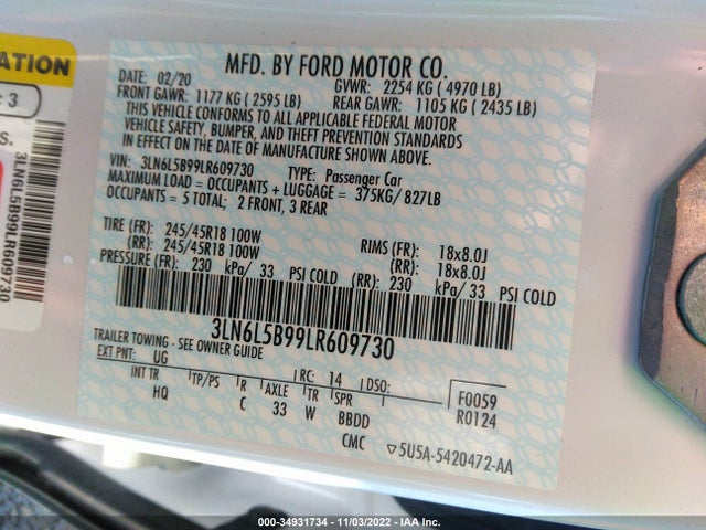 2020 Lincoln MKZ, VIN: 3LN6L5B99LR609730