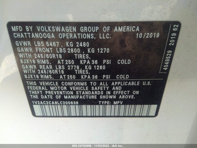 2020 Volkswagen Atlas, VIN: 1V2AC2CA6LC200636
