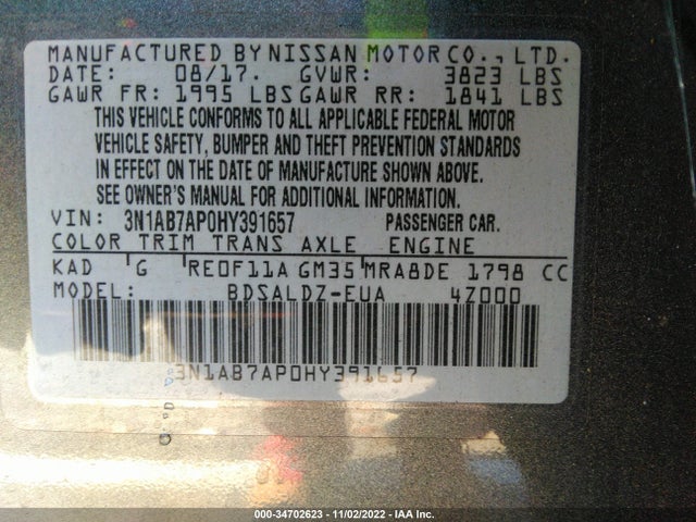 2017 NISSAN SENTRA SV VIN: 3N1AB7AP0HY391657
