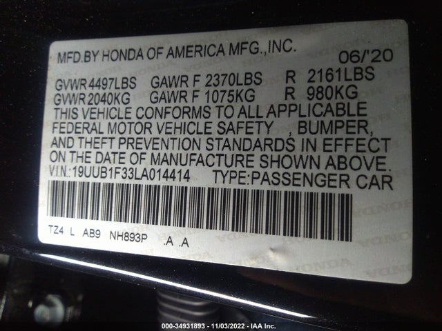 2020 Acura TLX, VIN: 19UUB1F33LA014414